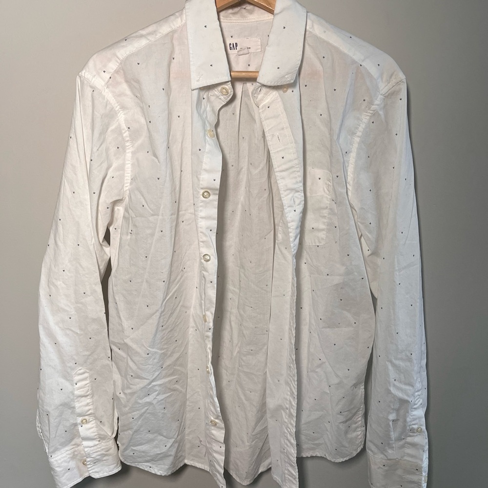 Gap Mens Standard Fit White Navy Arrow Micro Print Button Down Shirt Medium‎